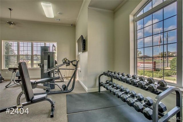 workout area featuring baseboards, visible vents, and ornamental molding