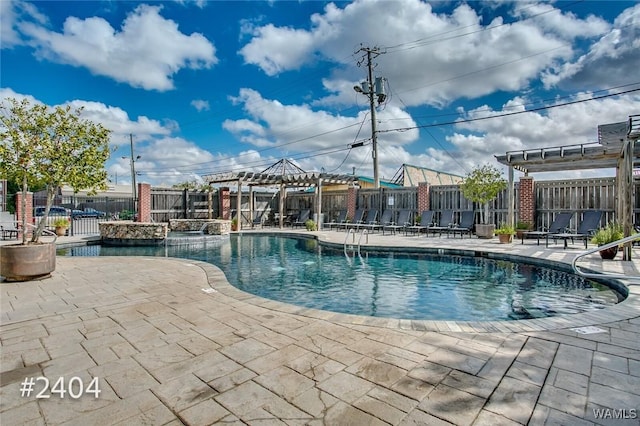 community pool with fence, a pergola, and a patio