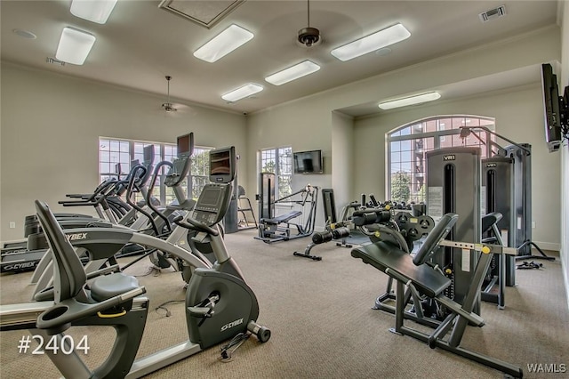 gym featuring ornamental molding and visible vents