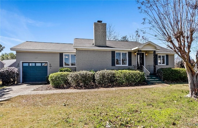 ranch-style home with gravel driveway, brick siding, a chimney, a garage, and a front lawn