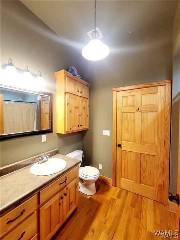 full bath featuring vanity, wood finished floors, toilet, and baseboards