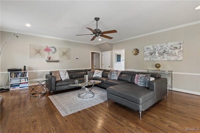 living room featuring crown molding, ceiling fan, and dark wood-type flooring