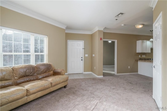 carpeted living room with crown molding