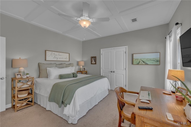 13930 Sullivan Blvd, Northport, AL 35475 - bedroom with a closet, a ceiling fan, visible vents, light carpet, and coffered ceiling