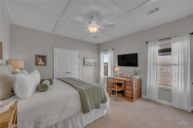 13930 Sullivan Blvd, Northport, AL 35475 - bedroom featuring coffered ceiling, visible vents, attic access, and light colored carpet