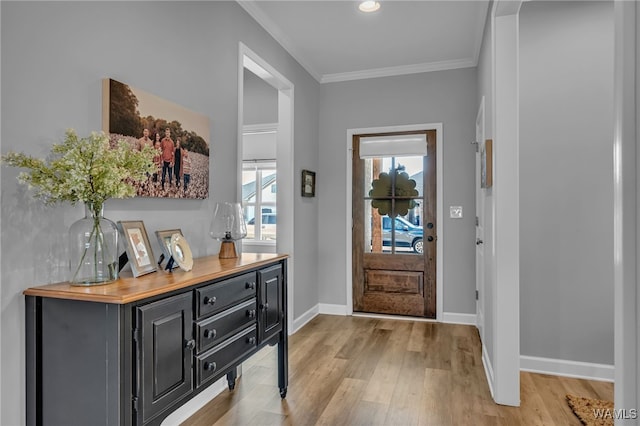 13930 Sullivan Blvd, Northport, AL 35475 - doorway to outside with recessed lighting, light wood-style floors, baseboards, and crown molding