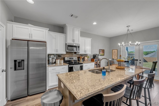 13930 Sullivan Blvd, Northport, AL 35475 - kitchen with light wood-style floors, white cabinetry, visible vents, appliances with stainless steel finishes, and a sink
