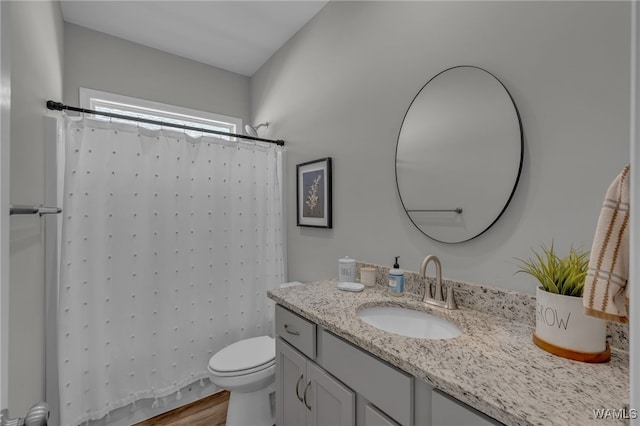 13930 Sullivan Blvd, Northport, AL 35475 - bathroom featuring toilet, curtained shower, wood finished floors, and vanity