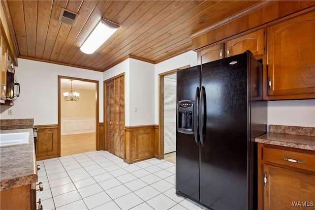 kitchen featuring brown cabinets, wooden ceiling, a wainscoted wall, and black appliances