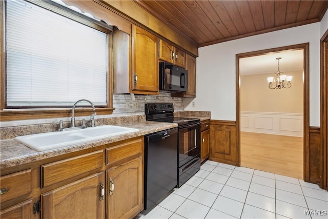 kitchen with wainscoting, a sink, light tile patterned flooring, wooden ceiling, and black appliances