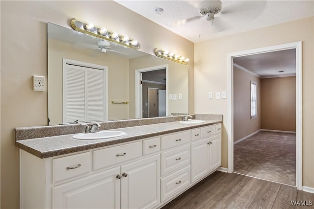 full bathroom with a ceiling fan, a sink, and wood finished floors