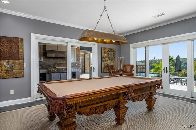 1231 Diamond Point Cir, Tuscaloosa, AL 35406 - recreation room with visible vents, pool table, baseboards, ornamental molding, and recessed lighting