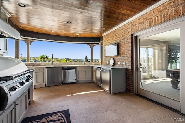 1231 Diamond Point Cir, Tuscaloosa, AL 35406 - kitchen with brick wall, ornamental molding, wood ceiling, stainless steel dishwasher, and wall chimney range hood