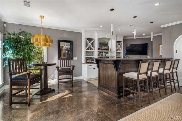 1231 Diamond Point Cir, Tuscaloosa, AL 35406 - bar with visible vents, baseboards, ornamental molding, granite finish floor, and a bar
