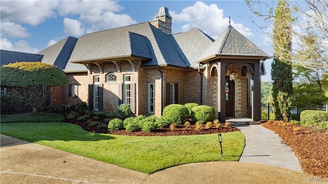 1231 Diamond Point Cir, Tuscaloosa, AL 35406 - view of front of home featuring a shingled roof, a front yard, brick siding, and a chimney