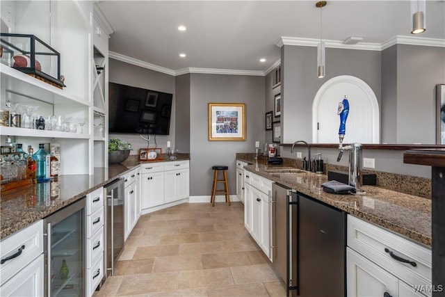 1231 Diamond Point Cir, Tuscaloosa, AL 35406 - kitchen with open shelves, a sink, wine cooler, white cabinetry, and crown molding