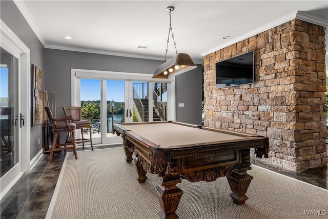 1231 Diamond Point Cir, Tuscaloosa, AL 35406 - playroom with visible vents, baseboards, ornamental molding, and pool table