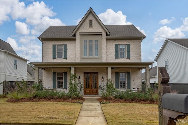 view of front of house with a front lawn, a porch, and french doors