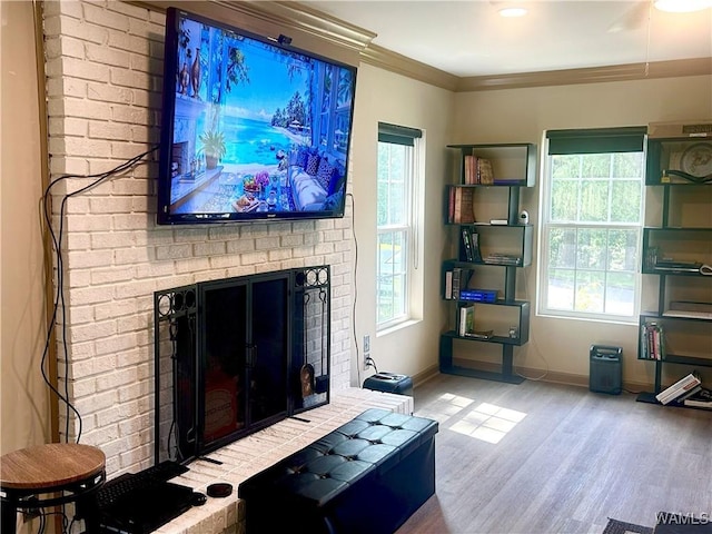 5211 Briarcliff Dr, Northport, AL 35473 - living room featuring a fireplace, wood finished floors, crown molding, and a ceiling fan