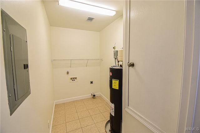 laundry area with electric water heater, electric panel, hookup for a washing machine, light tile patterned floors, and hookup for an electric dryer