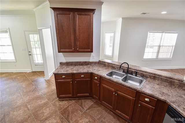 kitchen with ornamental molding, sink, and a wealth of natural light