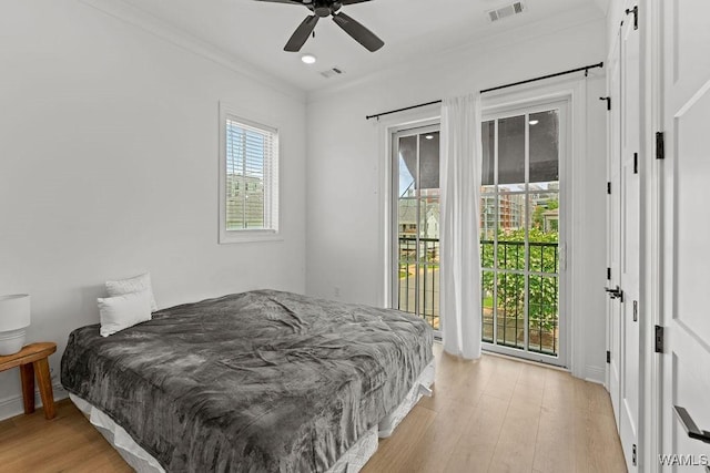 800 Red Drew Ave, Tuscaloosa, AL 35401 - bedroom featuring light wood-style flooring, access to exterior, recessed lighting, crown molding, and a ceiling fan