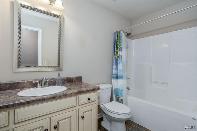 full bathroom featuring vanity, tile patterned flooring, toilet, and shower / tub combo with curtain