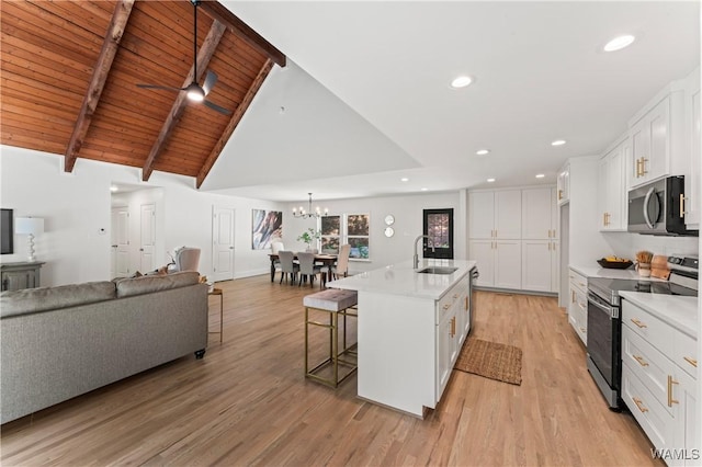 kitchen with sink, stainless steel appliances, lofted ceiling with beams, a center island with sink, and white cabinets