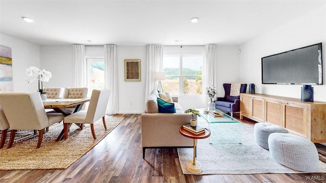 living room with dark hardwood / wood-style floors