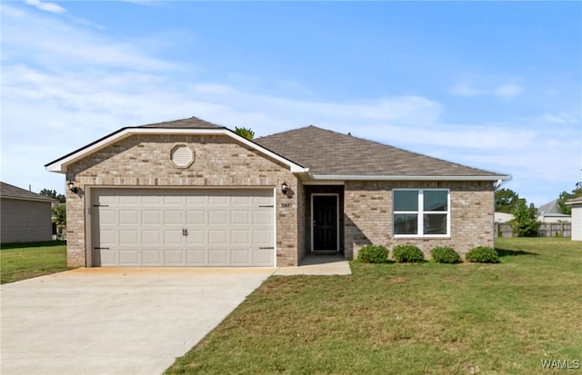 single story home with a front yard and a garage