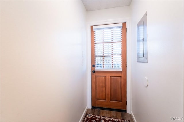 doorway to outside featuring hardwood / wood-style flooring and electric panel