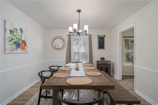 dining room featuring wood-type flooring and a notable chandelier