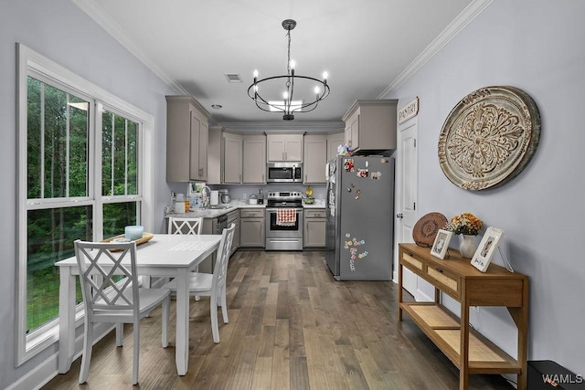 19026 Eastern Valley Rd, West Blocton, AL 35184 - kitchen featuring stainless steel appliances, gray cabinets, a chandelier, ornamental molding, and light countertops