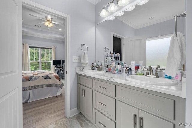 19026 Eastern Valley Rd, West Blocton, AL 35184 - ensuite bathroom with crown molding, double vanity, and a ceiling fan