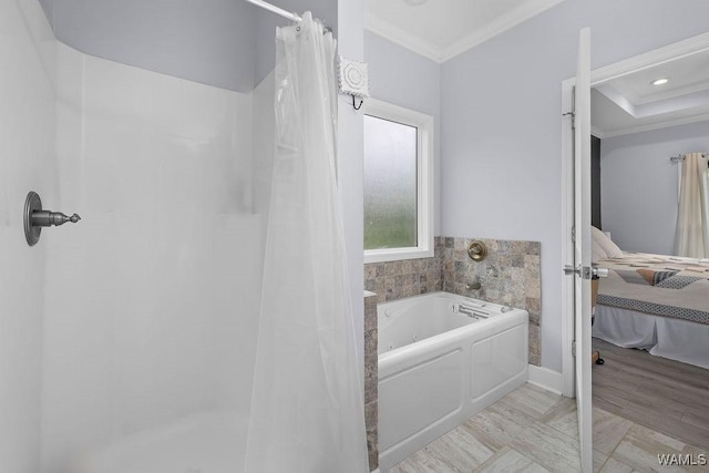 19026 Eastern Valley Rd, West Blocton, AL 35184 - full bathroom featuring ornamental molding, connected bathroom, a garden tub, and curtained shower