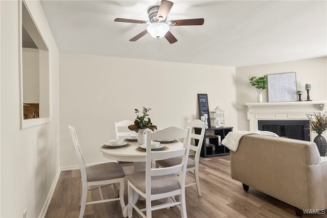 dining space with hardwood / wood-style floors and ceiling fan