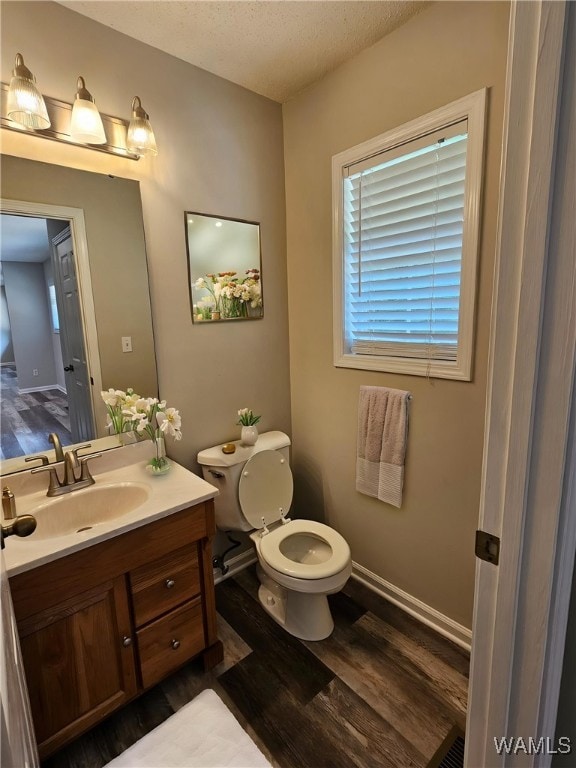 14541 Keenes Mill Rd, Coaling, AL 35453 - half bath with wood finished floors, vanity, toilet, baseboards, and a textured ceiling