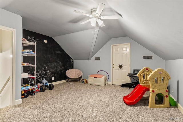 13950 Stone Harbour Dr, Northport, AL 35475 - playroom featuring carpet, lofted ceiling, baseboards, and a ceiling fan