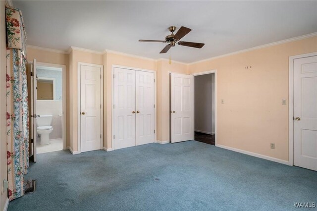 5204 Dove Creek Ave, Northport, AL 35473 - unfurnished bedroom with ornamental molding, baseboards, carpet, ensuite bathroom, and a ceiling fan