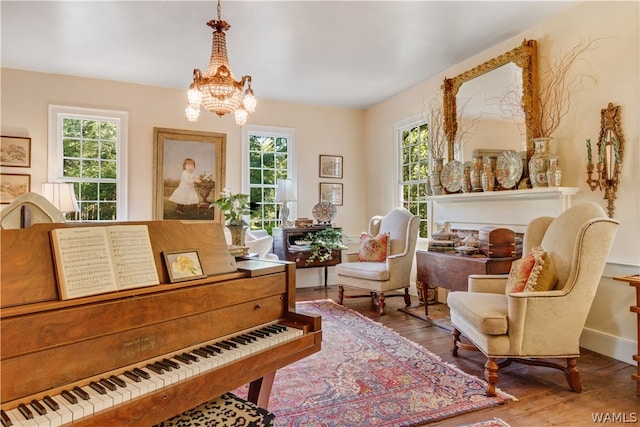 miscellaneous room with a chandelier, plenty of natural light, and hardwood / wood-style floors