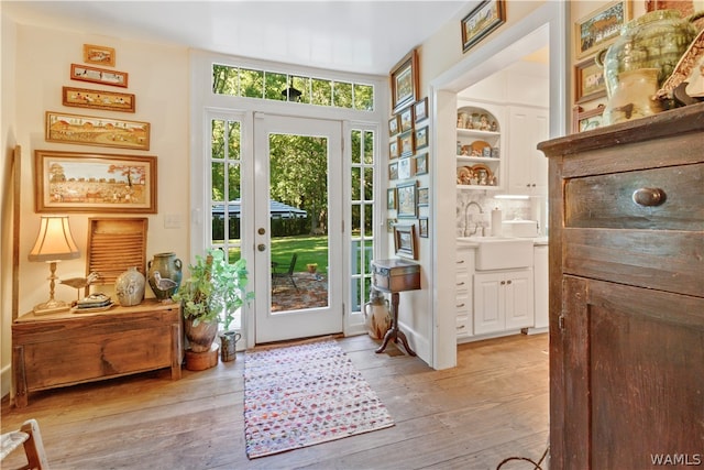 doorway to outside with sink and light wood-type flooring