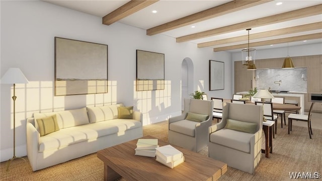 living room featuring recessed lighting, arched walkways, beam ceiling, and light colored carpet
