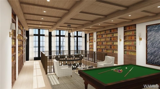 game room featuring recessed lighting, beam ceiling, pool table, and wood ceiling