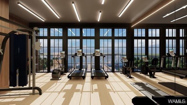 interior space with a water view