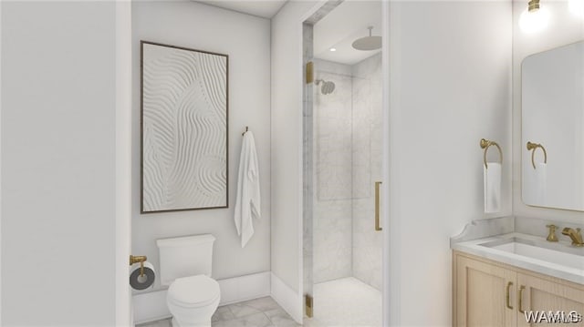 full bath with marble finish floor, toilet, vanity, baseboards, and a stall shower