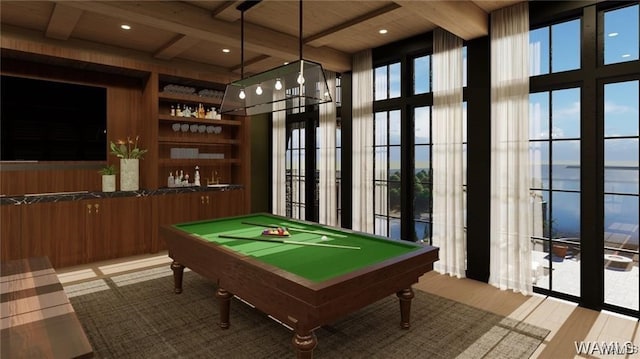 playroom with beam ceiling, wood finished floors, pool table, and wooden ceiling