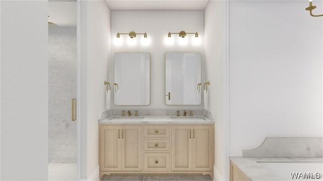 bathroom featuring double vanity, a tile shower, and a sink