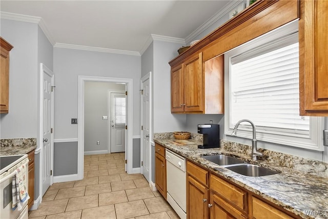 kitchen with sink, white appliances, light tile patterned floors, and crown molding