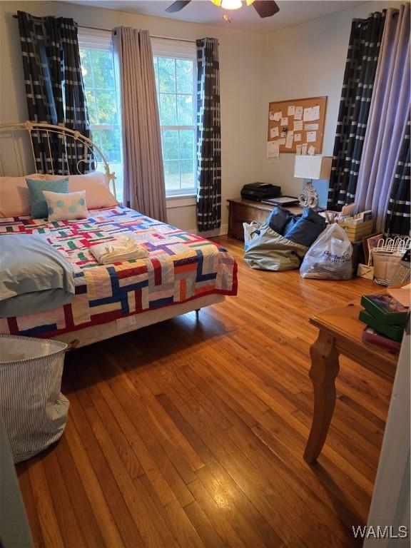 bedroom with multiple windows, ceiling fan, and wood-type flooring