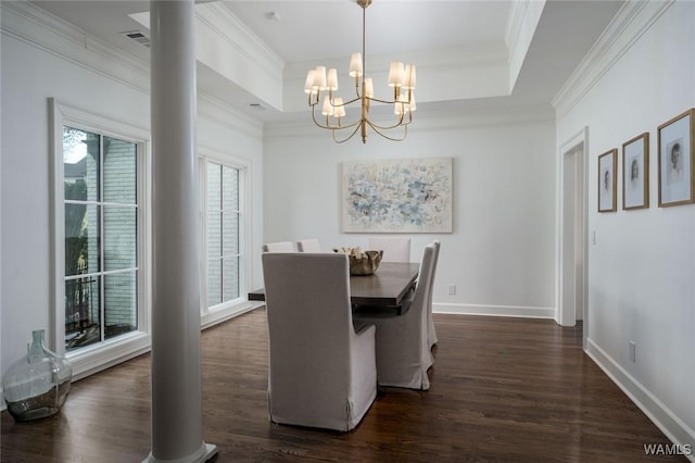 1901 Point Clear Rd, Tuscaloosa, AL 35406 - dining room with ornamental molding, dark wood-type flooring, a raised ceiling, and baseboards